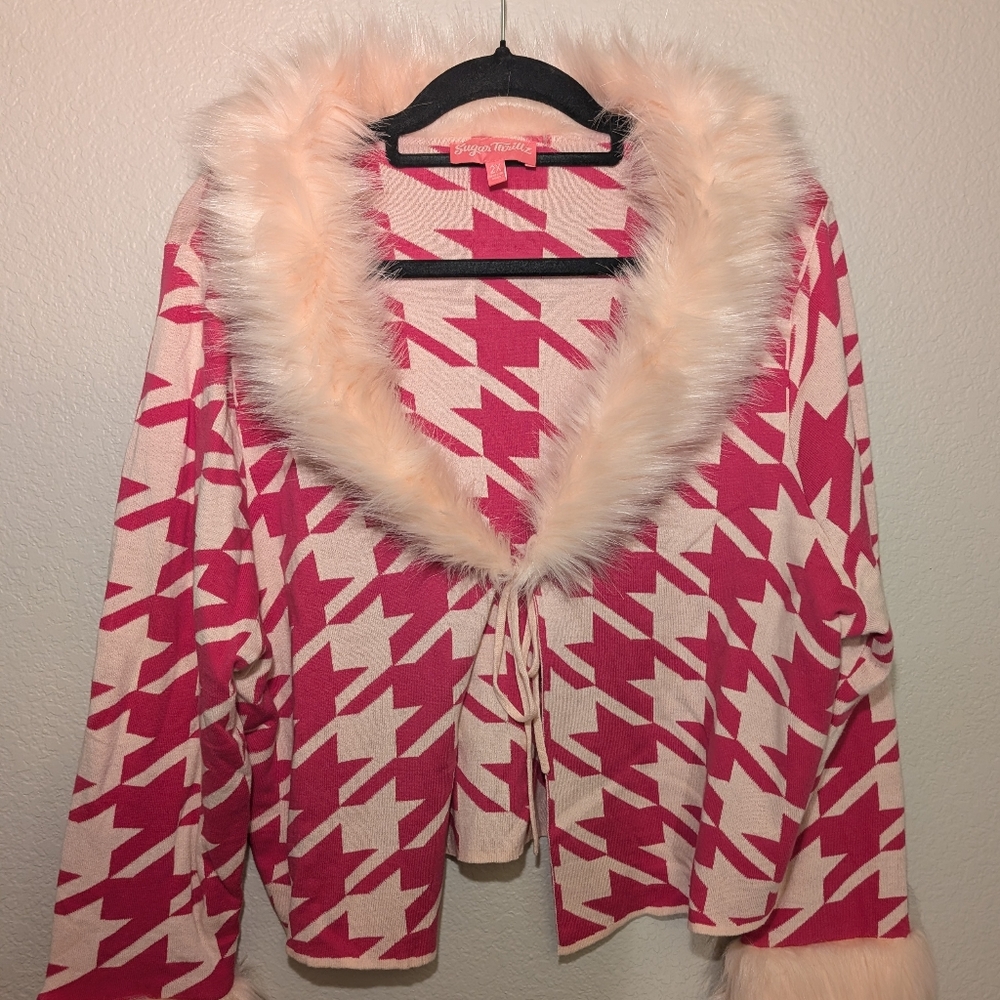 Sugar Thrillz Dolls Kill Pink Houndstooth Tie Front Cardigan Faux Fur Trim 2X